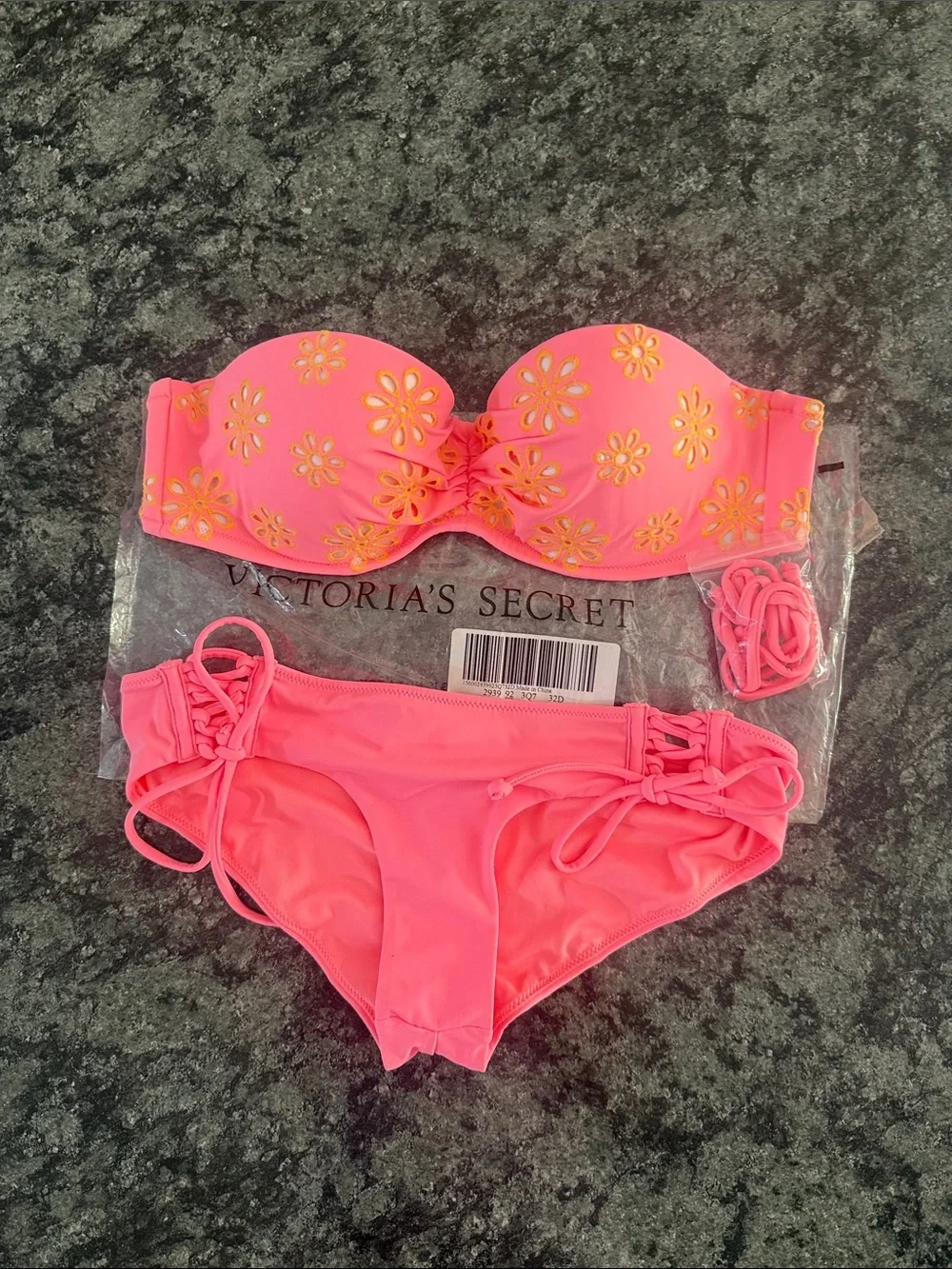 Victoria's Secret Neon Pink Floral Bandeau Bikini Set, top-size 32D and S